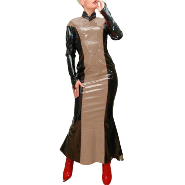 Women High Collar Skinny Patchwork Leather PVC Bodycon Sexy Long Dress Long Sleeve Slim Sheath Dress Mermaid Pencil Dress Party