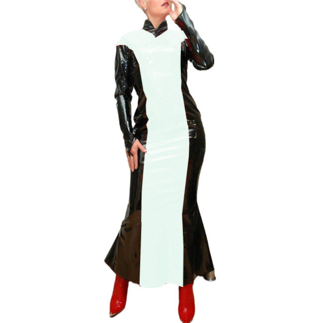 Women High Collar Skinny Patchwork Leather PVC Bodycon Sexy Long Dress Long Sleeve Slim Sheath Dress Mermaid Pencil Dress Party