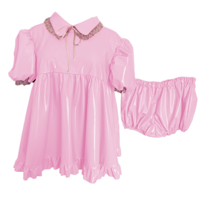 Fashionable Sweet Girly Style Mini Dress Shiny PVC Short Puff French  Dress Sexy Lace Tie Lace Trim with Panties Mini Dress 7XL
