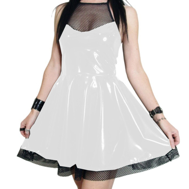 Glossy PVC Women Mesh Halter Sleeveless A-line Mini Dress Sweetheart Tulle Hem Dress High Street Fashion Costume Club Summer