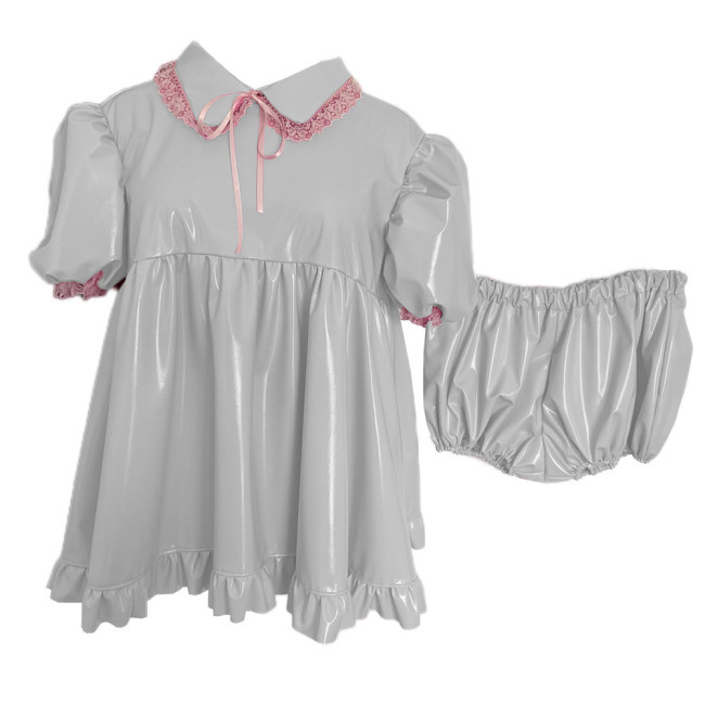 Fashionable Sweet Girly Style Mini Dress Shiny PVC Short Puff French  Dress Sexy Lace Tie Lace Trim with Panties Mini Dress 7XL