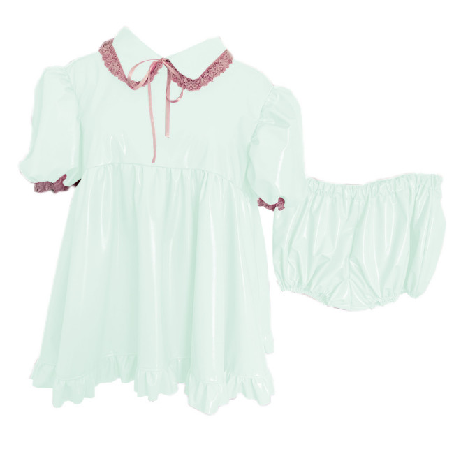 Fashionable Sweet Girly Style Mini Dress Shiny PVC Short Puff French  Dress Sexy Lace Tie Lace Trim with Panties Mini Dress 7XL
