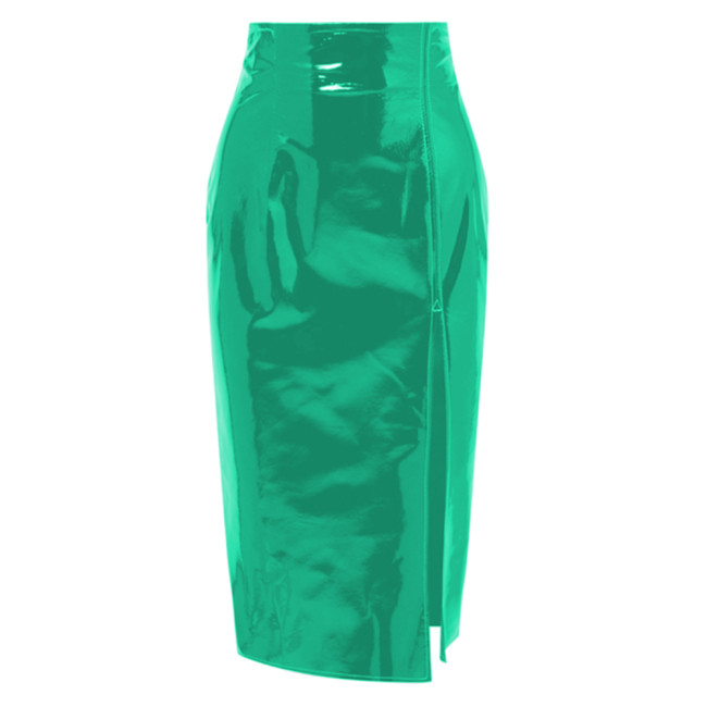 PVC Leather Midi Skirt Women's High Waist Knee Length Skirt Sexy Solid Split Skirts High Stree Elegant Office Faux Latex Skirt