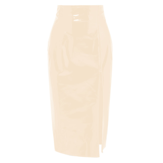 PVC Leather Midi Skirt Women's High Waist Knee Length Skirt Sexy Solid Split Skirts High Stree Elegant Office Faux Latex Skirt