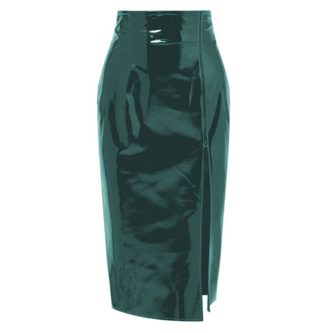 PVC Leather Midi Skirt Women's High Waist Knee Length Skirt Sexy Solid Split Skirts High Stree Elegant Office Faux Latex Skirt