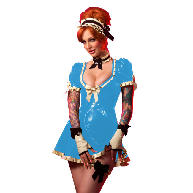 Retro French Maid Mini Dress Sexy Deep V Neck Short Sleeve Slim Dress Sweet White Frills Dress Party Night Gown Cosplay Costume