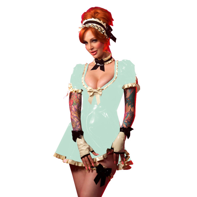 Retro French Maid Mini Dress Sexy Deep V Neck Short Sleeve Slim Dress Sweet White Frills Dress Party Night Gown Cosplay Costume