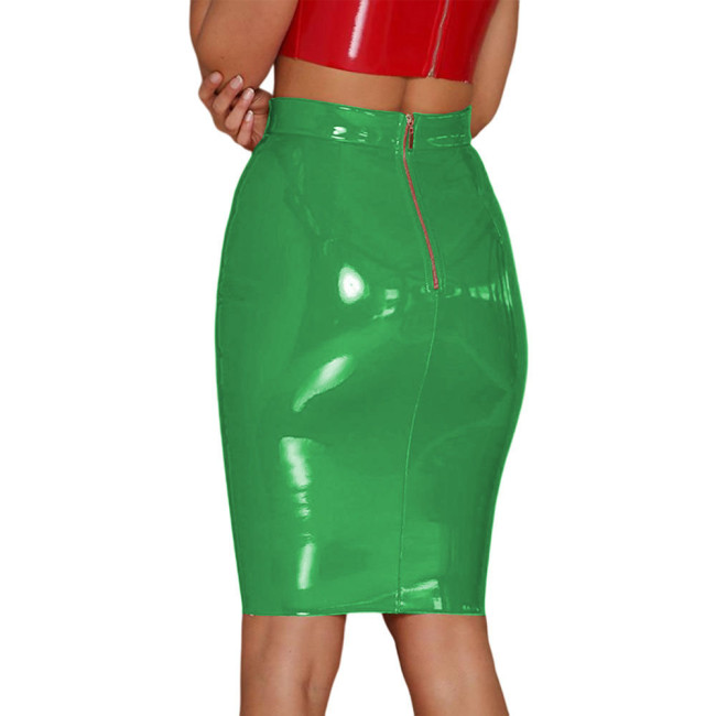 Plus Size Women Sexy pvc Zipper Black Blue Pink Red Bandage Skirt latex look knee length skirt patent leather Pencil Skirt