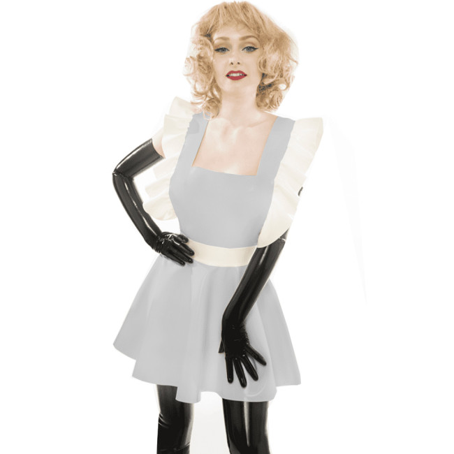 Sissy pvc french maid apron dress shiny patent leather Ruffle Waitress Cosplay vinyl Pinafore Halloween costume for women 7xl