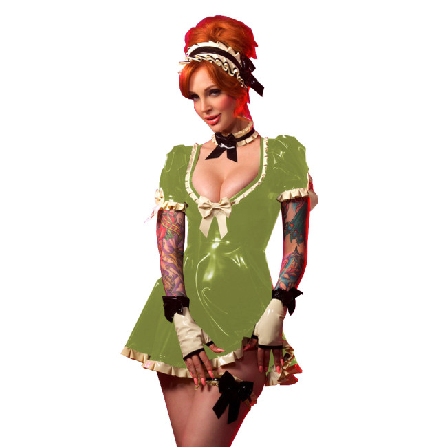 Retro French Maid Mini Dress Sexy Deep V Neck Short Sleeve Slim Dress Sweet White Frills Dress Party Night Gown Cosplay Costume