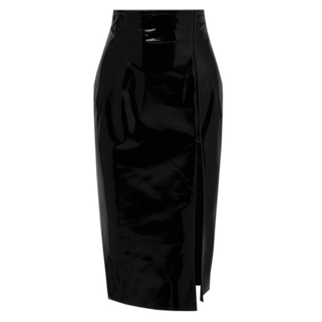 PVC Leather Midi Skirt Women's High Waist Knee Length Skirt Sexy Solid Split Skirts High Stree Elegant Office Faux Latex Skirt