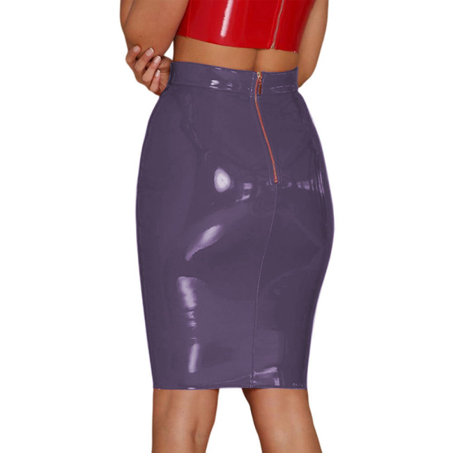 Plus Size Women Sexy pvc Zipper Black Blue Pink Red Bandage Skirt latex look knee length skirt patent leather Pencil Skirt