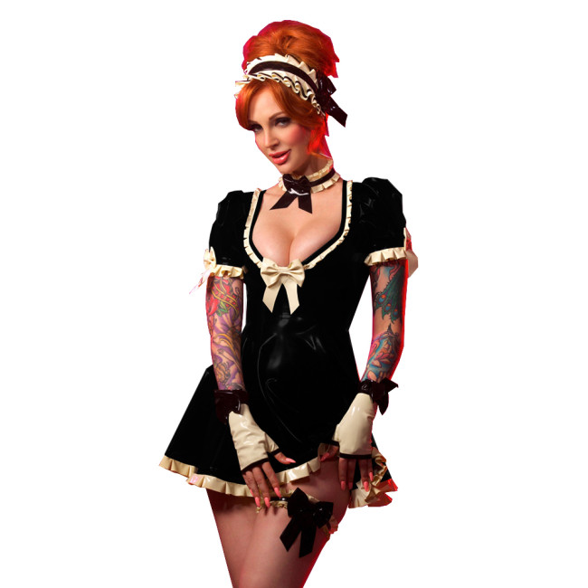 Retro French Maid Mini Dress Sexy Deep V Neck Short Sleeve Slim Dress Sweet White Frills Dress Party Night Gown Cosplay Costume
