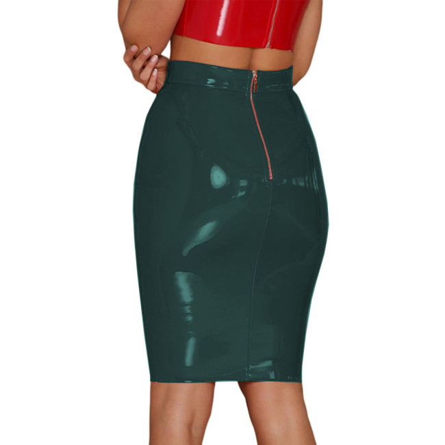 Plus Size Women Sexy pvc Zipper Black Blue Pink Red Bandage Skirt latex look knee length skirt patent leather Pencil Skirt
