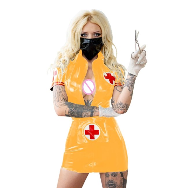 Exotic Role Play Nurse Uniform Turn-down Collar Short Sleeves Mini Pencil Dress with Apron Sexy Fancy Dress Erotic Nurse Costume