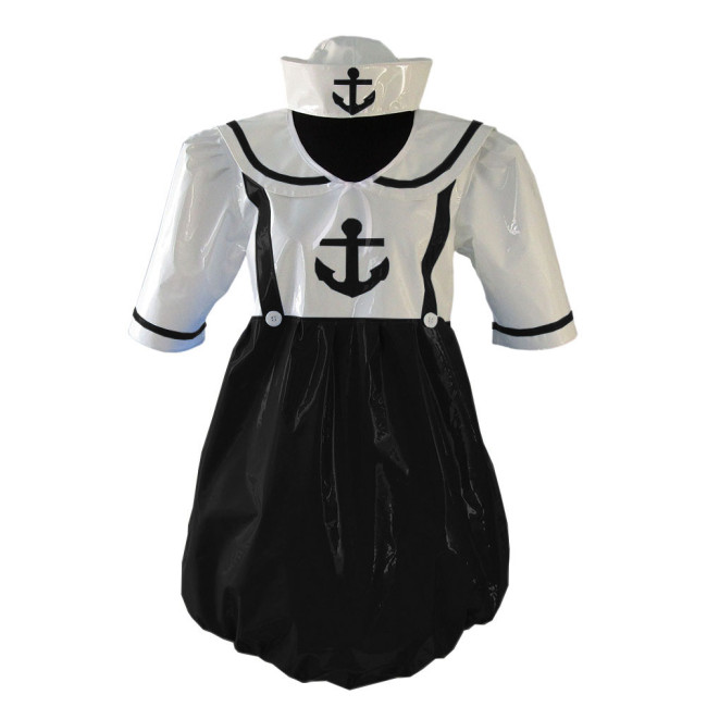 Sexy Adult Sailor Collar Romper Short Puff Sleeve Color Block Bodysuit Navy Exotic Uniform with Hat Fancy Fetish Cosplay Costume
