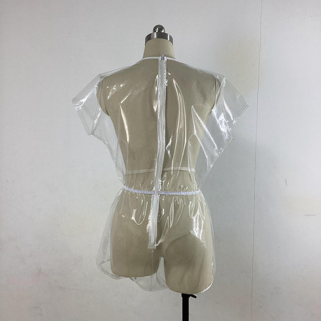 PVC Clear Transparent Short Sleeve Bodysuit Crew Neck Zipper Sexy See Through Leotard Private Party Man Women One-Piece Bodysuit
