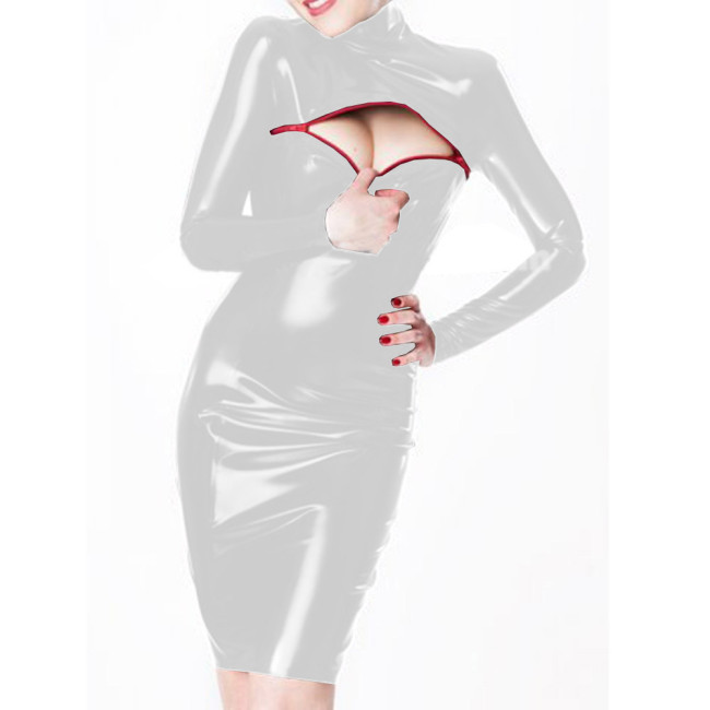 Sexy Womens Faux Latex Bodycon Dress with Open Chest Style Shiny PVC Leather Turtleneck Long Sleeve Pencil Dress Club Outfits