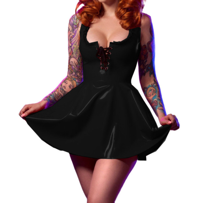 Vestidos PVC Sexy Lace up Ruffles Deep V Neck Lacework Fit and Flare Wet Look Sleeveless Sundress Mini Dress Party Club Night
