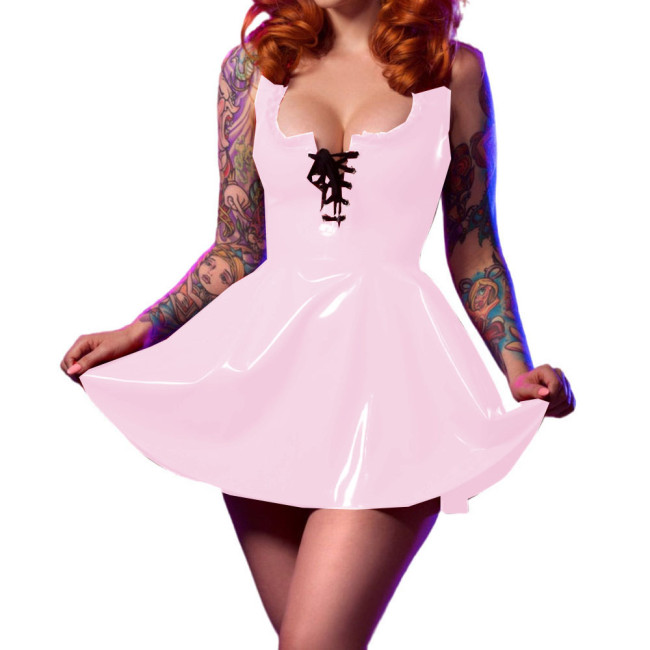Vestidos PVC Sexy Lace up Ruffles Deep V Neck Lacework Fit and Flare Wet Look Sleeveless Sundress Mini Dress Party Club Night