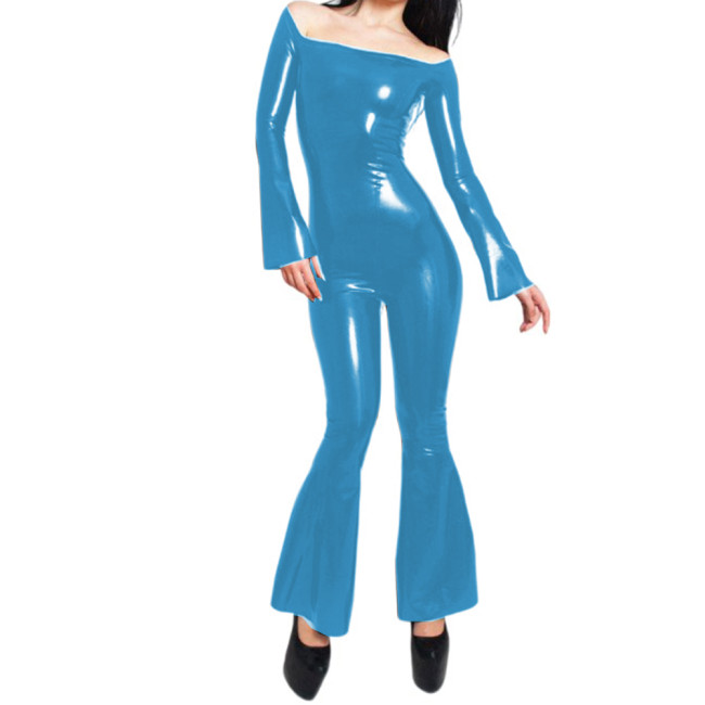 Sexy Boat Neck Long Sleeve Trumpet One Piece Catsuit PVC Bodysuit Sexy Sheath Skinny Jumpsuit Sexy Lingerie Fetish Costume 7XL