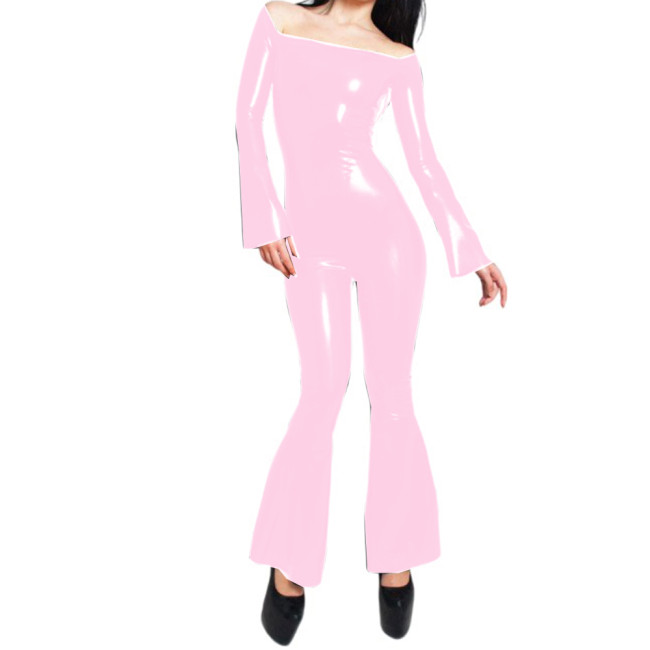 Sexy Boat Neck Long Sleeve Trumpet One Piece Catsuit PVC Bodysuit Sexy Sheath Skinny Jumpsuit Sexy Lingerie Fetish Costume 7XL
