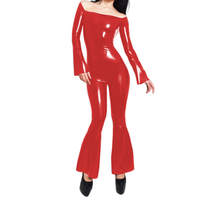Sexy Boat Neck Long Sleeve Trumpet One Piece Catsuit PVC Bodysuit Sexy Sheath Skinny Jumpsuit Sexy Lingerie Fetish Costume 7XL