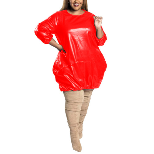 Plus Size PVC Dress Baggy Fashion Solid Three Quarter Sleeve O Neck Faux Leather Dress Casual  Extra Loose Knee Length Dress