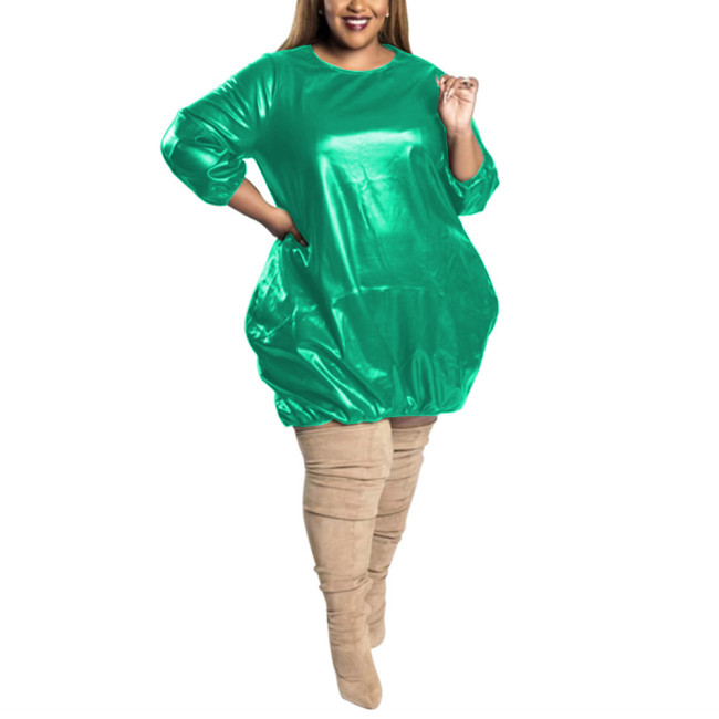 Plus Size PVC Dress Baggy Fashion Solid Three Quarter Sleeve O Neck Faux Leather Dress Casual  Extra Loose Knee Length Dress