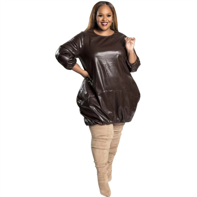 Plus Size PVC Dress Baggy Fashion Solid Three Quarter Sleeve O Neck Faux Leather Dress Casual  Extra Loose Knee Length Dress