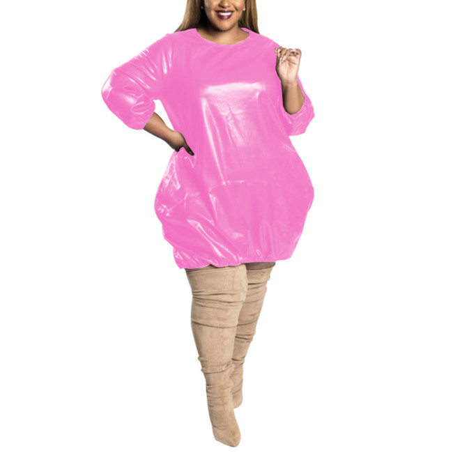 Plus Size PVC Dress Baggy Fashion Solid Three Quarter Sleeve O Neck Faux Leather Dress Casual  Extra Loose Knee Length Dress