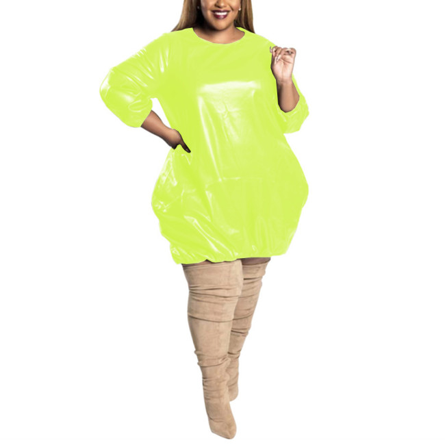 Plus Size PVC Dress Baggy Fashion Solid Three Quarter Sleeve O Neck Faux Leather Dress Casual  Extra Loose Knee Length Dress