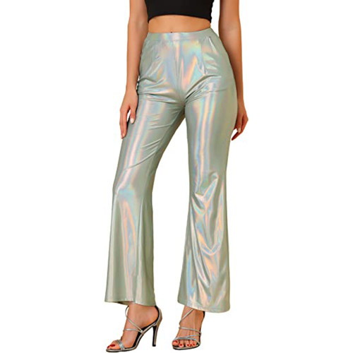 Holographic Flare Pants Sexy Wetlook Metallic Leather Pants Shiny Women Girls Bodycon Elastic Waist Bell Bottom hip hop Trousers