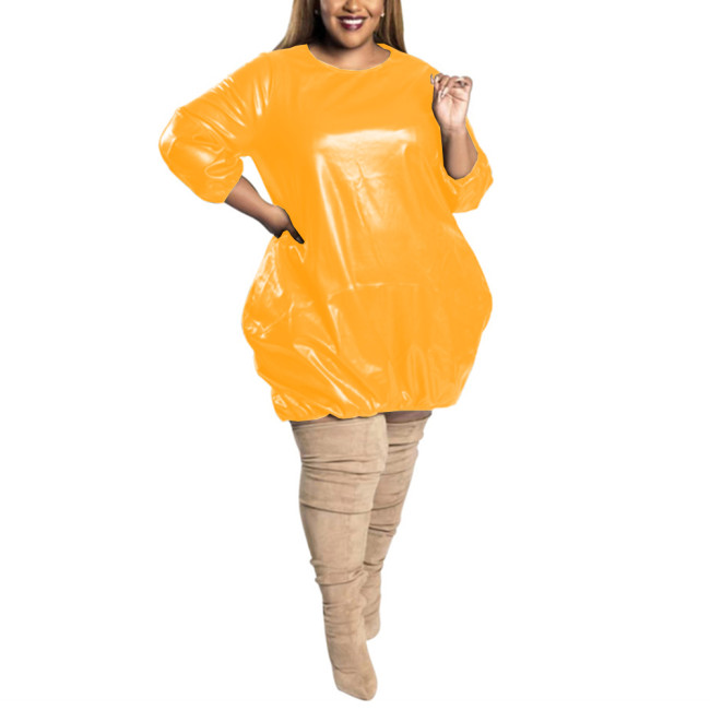 Plus Size PVC Dress Baggy Fashion Solid Three Quarter Sleeve O Neck Faux Leather Dress Casual  Extra Loose Knee Length Dress