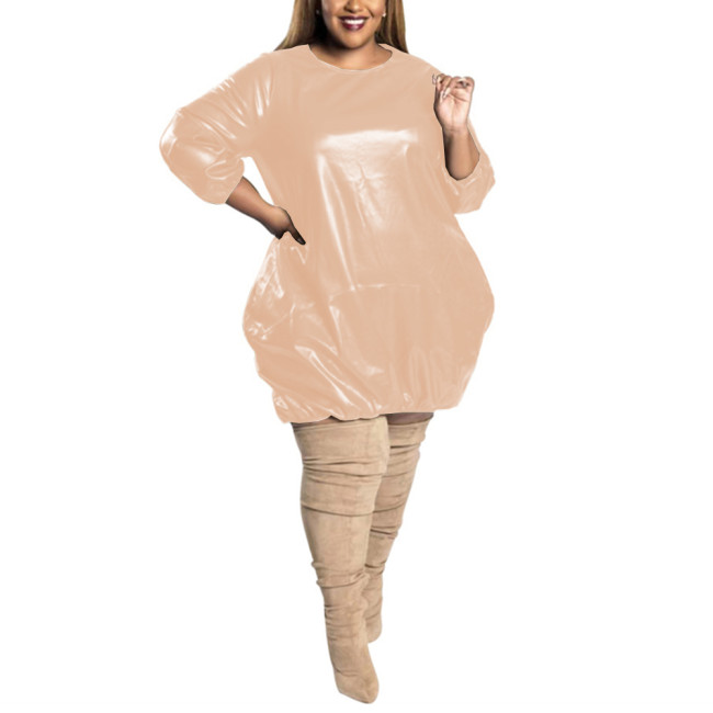 Plus Size PVC Dress Baggy Fashion Solid Three Quarter Sleeve O Neck Faux Leather Dress Casual  Extra Loose Knee Length Dress