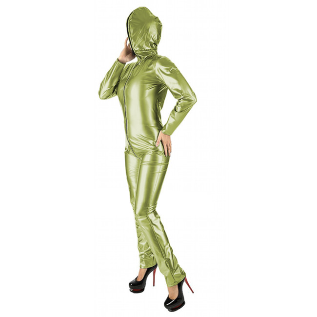 High Street Leather Long Sleeve Catsuit High Weist elastic Wet look PVC Zip Front Hooded Bodysuit Clubwear costumes Jumpsuit 7XL