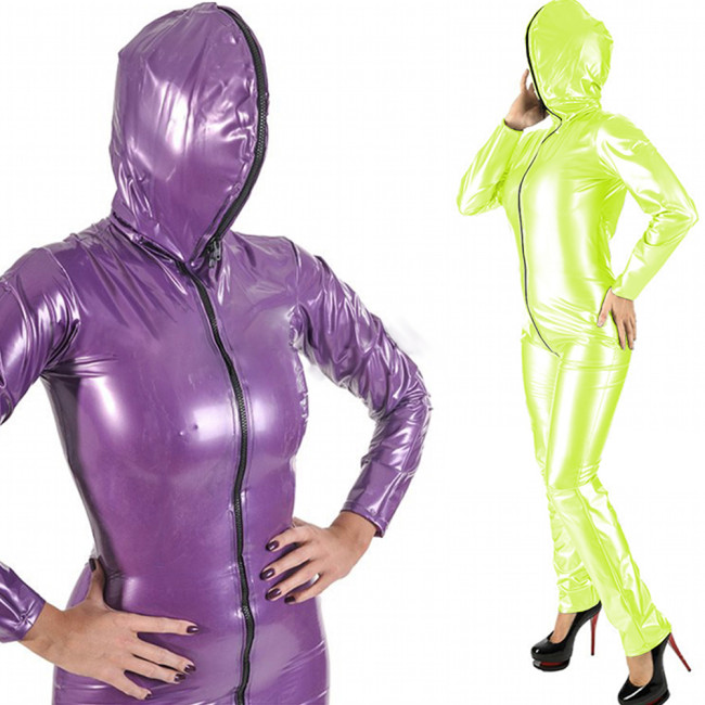 High Street Leather Long Sleeve Catsuit High Weist elastic Wet look PVC Zip Front Hooded Bodysuit Clubwear costumes Jumpsuit 7XL
