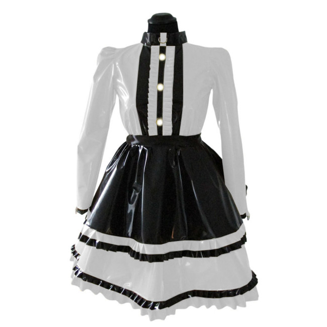 Lockable Sissy Sexy French Maid Shiny PVC Uniform Outfit Puffy Bubble Sleeve Ruffles Maid Dress with Apron Halloween Costumes