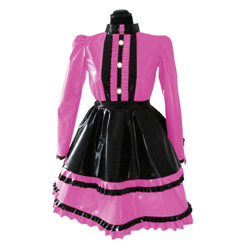 Lockable Sissy Sexy French Maid Shiny PVC Uniform Outfit Puffy Bubble Sleeve Ruffles Maid Dress with Apron Halloween Costumes