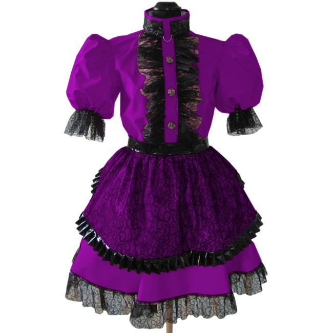 Gothic Black Lace Lockable Maid Uniforms Sissy High Neck Short Sleeve Lolita Apron Maid Dress Halloween Cosplay Fancy Dress Suit