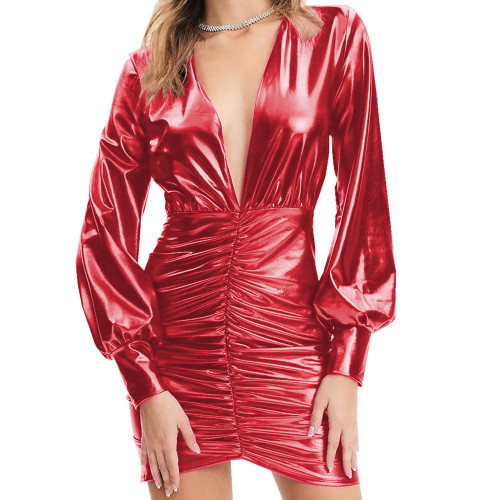 Sexy V Neck Solid Color Hot Stamping Mini Dress for Women Long Lantern Sleeve Draped Dress Shiny Metallic Nightclub Party Dress