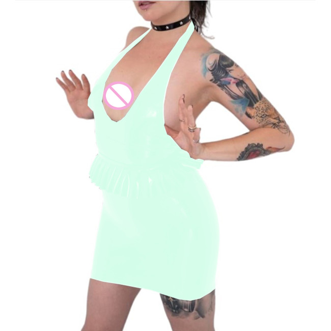 Sexy Deep U Halter Backless Ruffles Slim Waist Dress Sheath Bodycon Wraps Pacakge Hip Mini Dress Pole Dance Clubweat Night Party