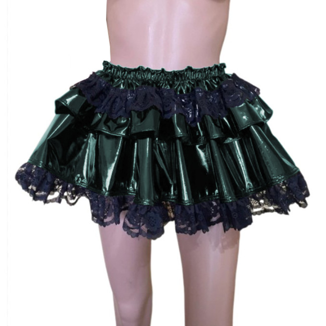 Sexy Women Lace Split Joint PVC Leather A-line Mini Skirts Two-layer Pleated Skirts Korean Style Dance Club Wear Mini Skirt 7XL