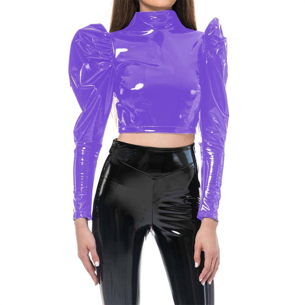 Fashion Womens Faux Latex Top Puffy Long Sleeve Blouse Sexy Moto Girls Crop  Top Shiny PVC