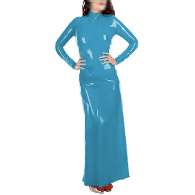 Vintage Glossy PVC Leather Long Dress Women Long Sleeve High Neck Bodycon Dress Back Zip Ladies Party Stretchy Dress Clubweat