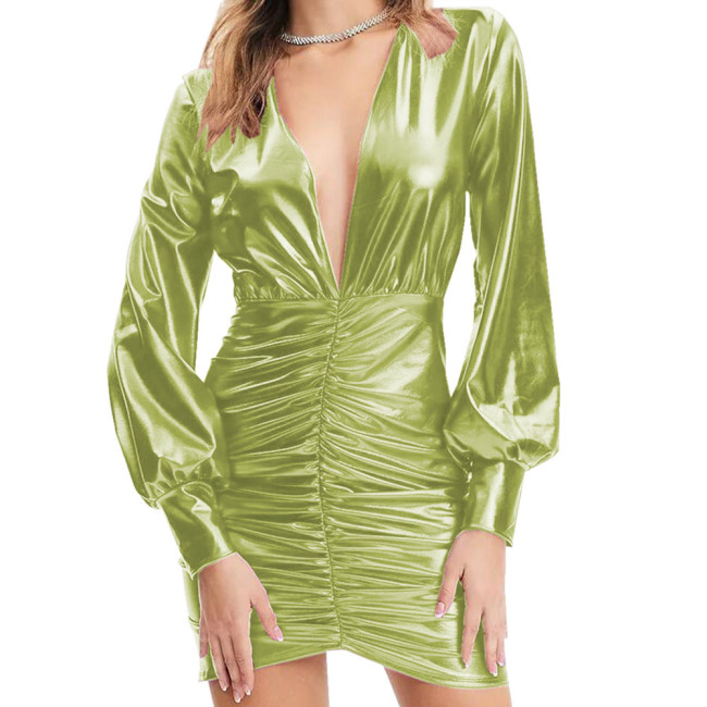 Sexy V Neck Solid Color Hot Stamping Mini Dress for Women Long Lantern Sleeve Draped Dress Shiny Metallic Nightclub Party Dress