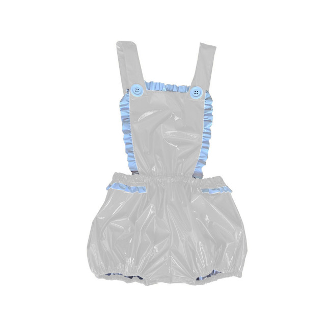 Adult Baby Sissy ABDL Rompers Ruffle Shiny PVC Backless Sunsuit French Maid Overall Playsuit Summer Large Size Stretch Bodysuit