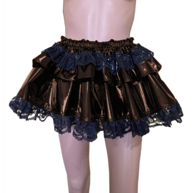 Sexy Women Lace Split Joint PVC Leather A-line Mini Skirts Two-layer Pleated Skirts Korean Style Dance Club Wear Mini Skirt 7XL