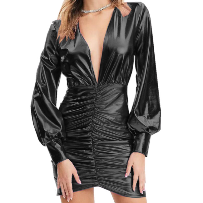 Sexy V Neck Solid Color Hot Stamping Mini Dress for Women Long Lantern Sleeve Draped Dress Shiny Metallic Nightclub Party Dress