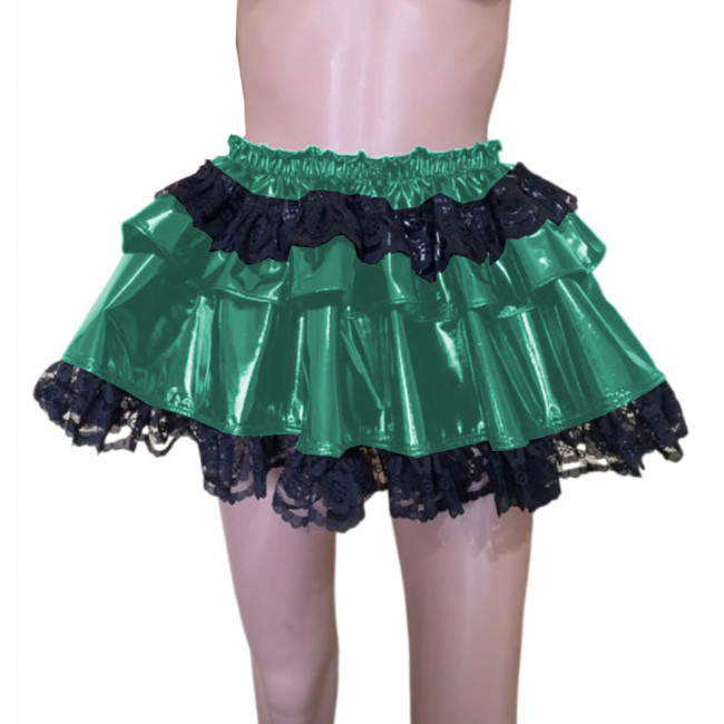 Sexy Women Lace Split Joint PVC Leather A-line Mini Skirts Two-layer Pleated Skirts Korean Style Dance Club Wear Mini Skirt 7XL